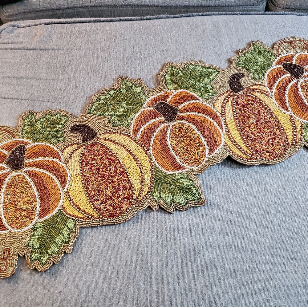 Beaded Pumpkin Table Runner - Orange and Green